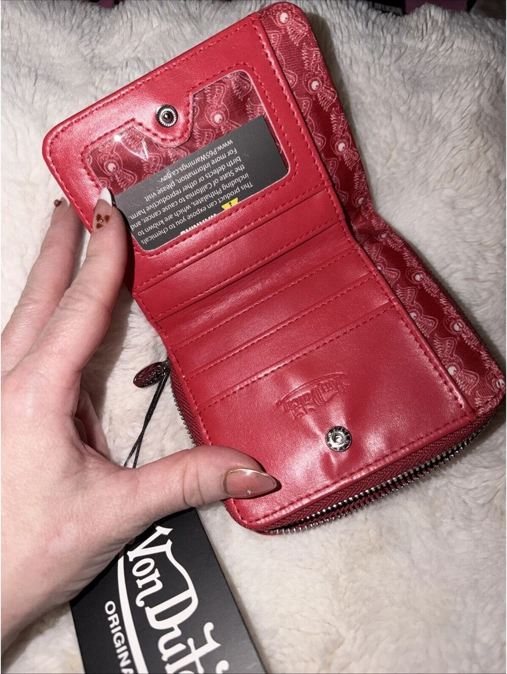 Von Dutch Wallet Red White Polka Dot ID Card Holder Zip Close NWT
